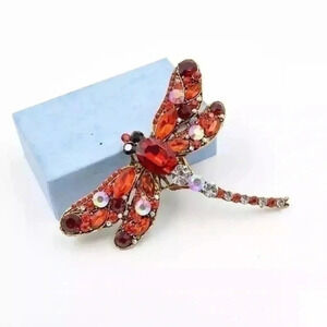 Dragonfly crystal brooch red